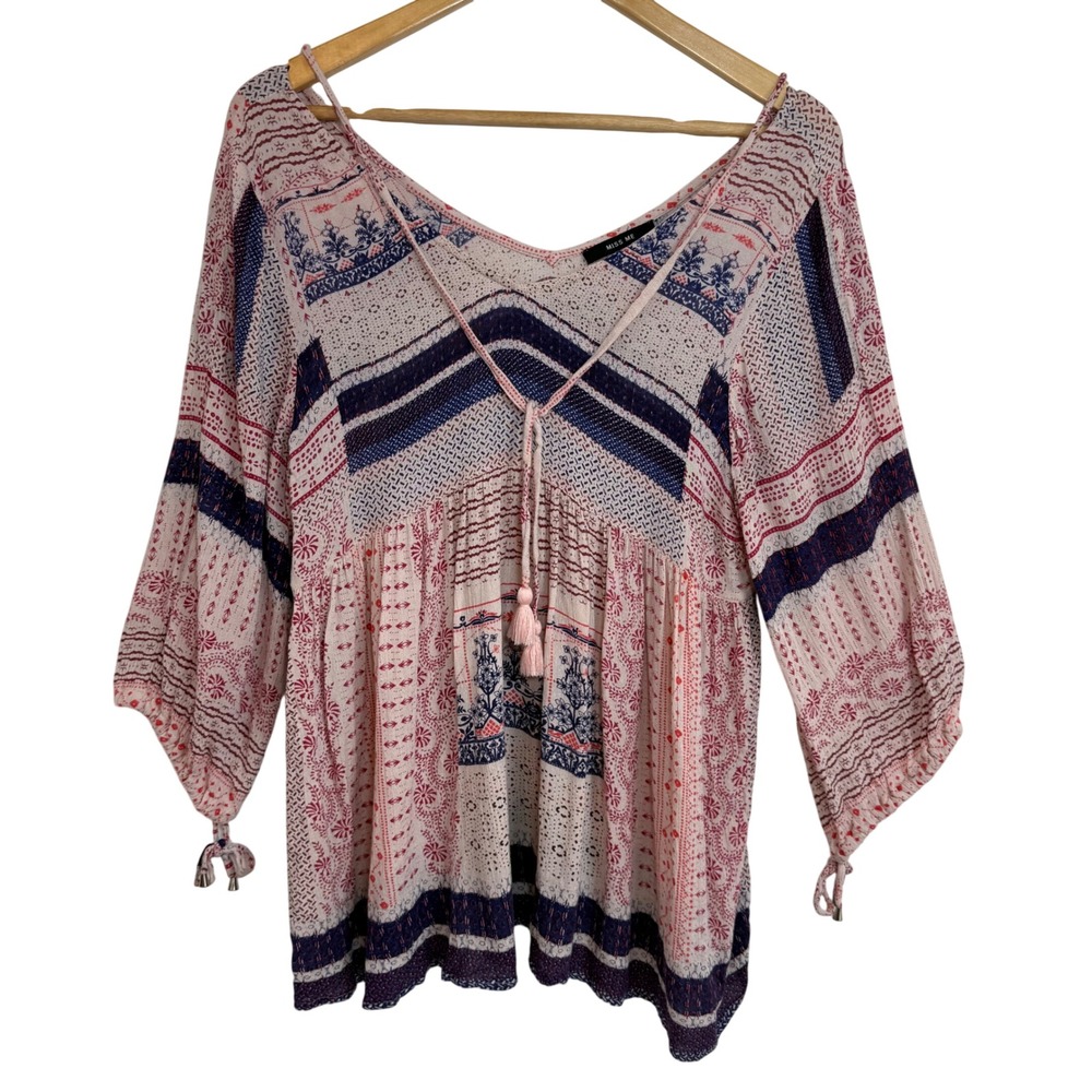 Miss Me Boho Peasant Blouse Size M Tassel Tie Mixed Print Festival Top Gypsy